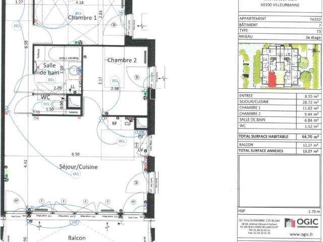 Appartement 3 pièces, 64 m² à louer à Villeurbanne 69100