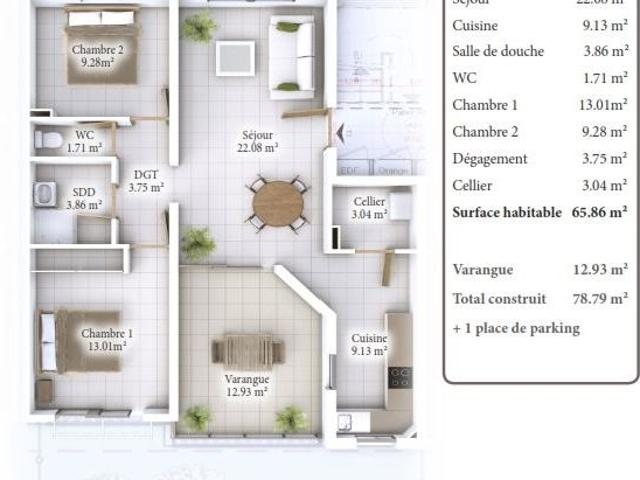 Appartement 3 pièces 65 m²