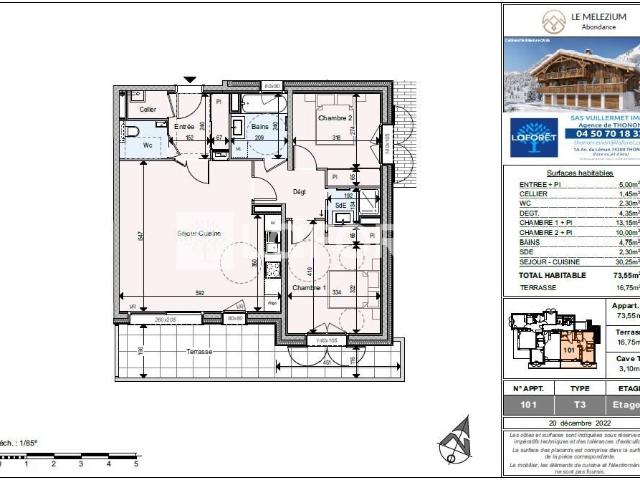 Appartement 3 pièces de 73.55m² + Terrasse, Cave, Garage 74m² Abondance