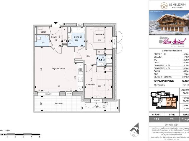 Appartement 3 pièces de 73 m² + Terrasse, Cave, Garage 73m² Abondance
