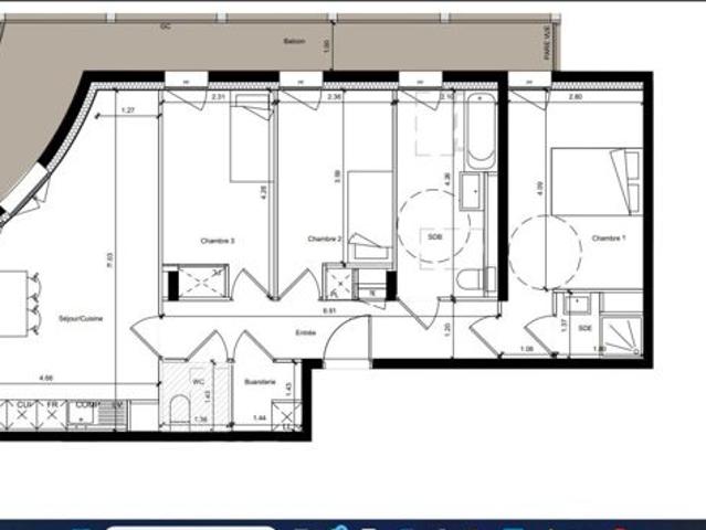 Appartement t4 balcon 33.3 m² + parking + cave