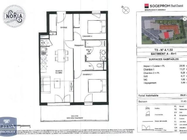 Appartement à louer 3 pièces 59.61m²