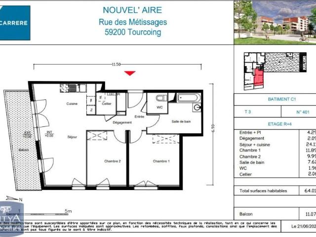 Appartement à louer 3 pièces 64.01m²