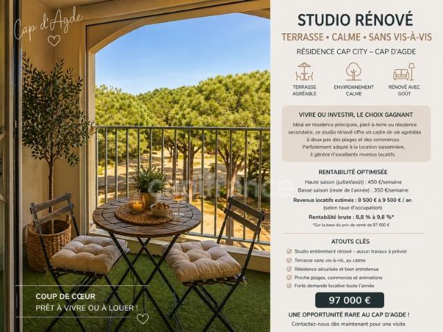 Appartement à vendre 1 pièce LE CAP D'AGDE 34, terrasse, plage