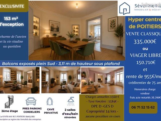 Appartement de caractère 153 m² – Hyper centre de Poitiers – 3 Balcons plein Sud
