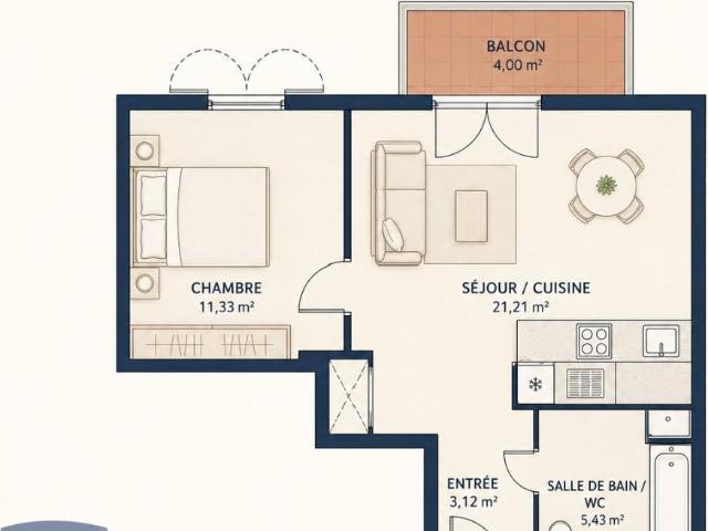 Appartement meublé 2 pièces 41 m²