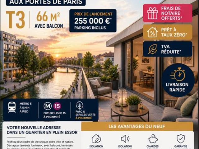 AU BORD DU CANAL RETOUR DE LOT PROCHE METRO T3 AVEC TERRASSE A SAISIR ! 3 pièces, 66 m²