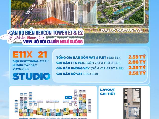 BÁN CĂN STUDIO BEACON TOWER E1 – VIEW HỒ BƠI CHUẨN RESORT | GIÁ CHỈ TỪ 2.59 TỶ