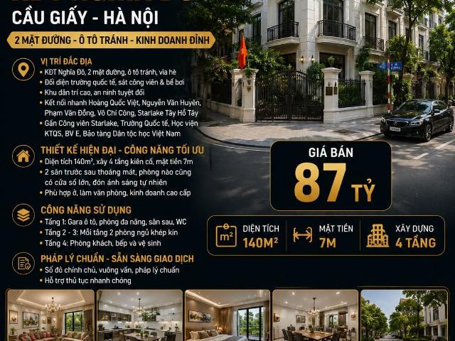 Bán biệt thự kđt nghĩa đô cầu giấy 2 mặt đường, ô tô tránh kinh doanh đỉnh 140m2 mt 7m 87 tỷ
