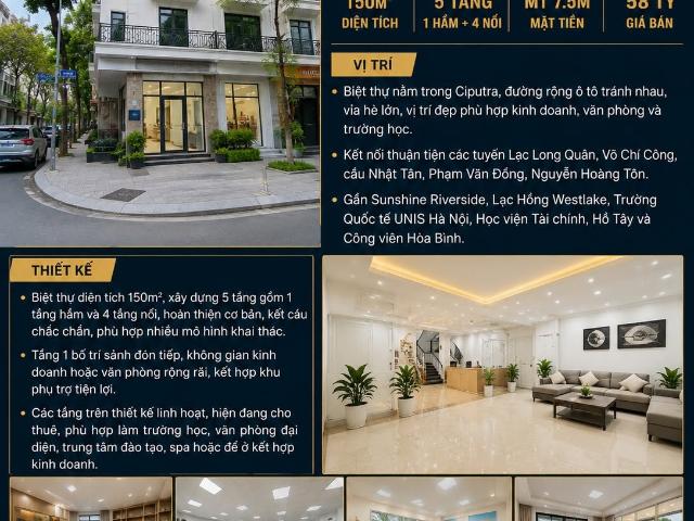 Bán biệt thự liền kề ciputra tây hồ có hầm, kinh doanh đỉnh, vỉa hè rộng 150m2 5 tầng mt 7.5m 58 tỷ