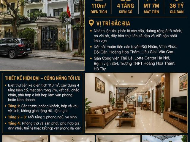 Bán biệt thự liền kề vĩnh phúc ba đình phân lô vip, ô tô tránh, vỉa hè 110 m2 mt 7m 36 tỷ