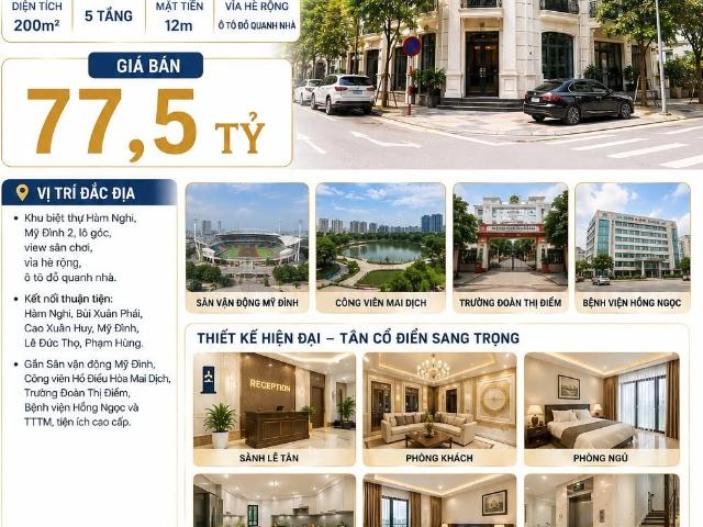 Bán biệt thự mỹ đình nam từ liêm lô góc dt 60 tr/th 200m² 5 tầng mt 12m 77,5 tỷ