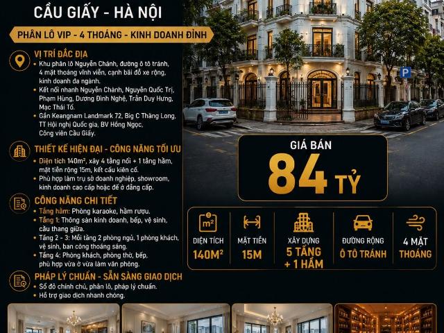 Bán biệt thự nguyễn chánh cầu giấy phân lô vip, 4 thoáng, kinh doanh đỉnh 140m2 5 tầng mt 15m 84 tỷ