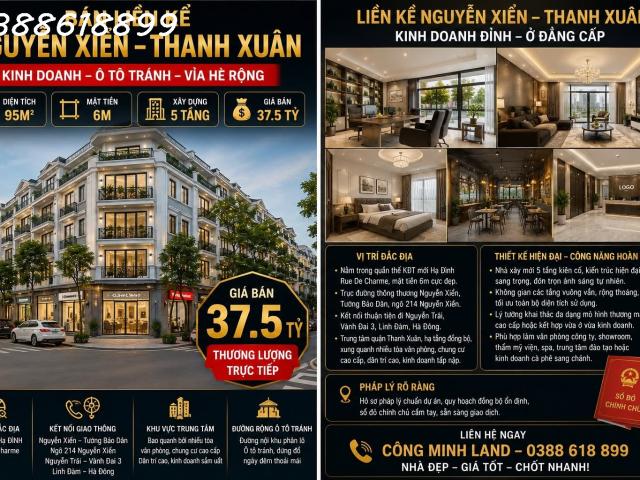 Bán liền kề nguyễn xiển thanh xuân kinh doanh ô tô tránh 95m2 mt 6m giá 37.5 TỶ