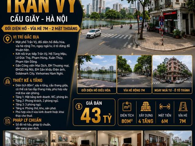Bán mặt phố trần vỹ cầu giấy đối diện hồ, vỉa hè 7m 80m2 4 tầng 43 tỷ