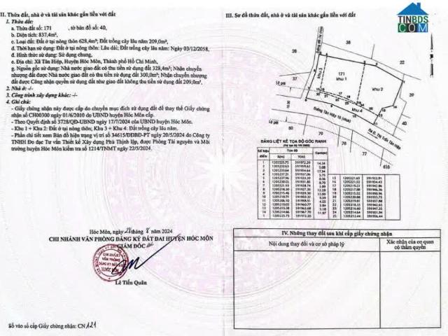 Bán Nhà Mặt Phố Tan Hiep, Hóc Môn, 837m2, Giá Hời Sổ Hồng Chính Chủ
