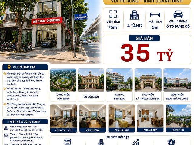 Bán nhà mặt phố phạm văn đồng bắc từ liêm kd đỉnh 75m² 4 tầng mt 5m 35 tỷ