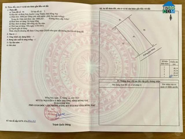 Bán đất Xã Bình Sơn Long Thành 1000.2m2, giá 8,7 tỷ
