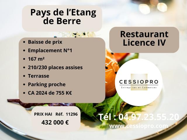 BAISSE DE PRIX FONDS DE COMMERCE RESTAURANT EN EMPLACEMENT No1, LICENCE 4 DANS PAYS DE L’ÉTANG DE BERRE