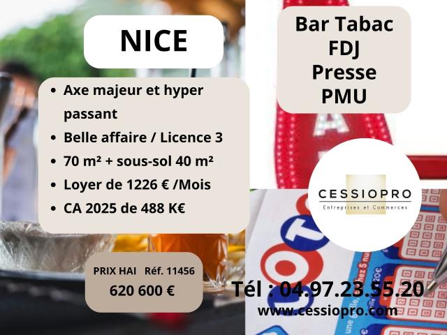 Bar licence 3 tabac FDJ PMU Presse CA à 488K€ Axe majeur de NICE