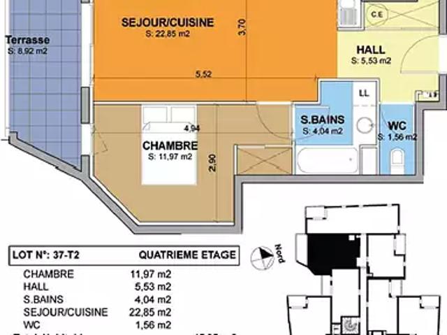 Béziers 34500 Location appartement 2 pièces t2 au dernier étage terrasse