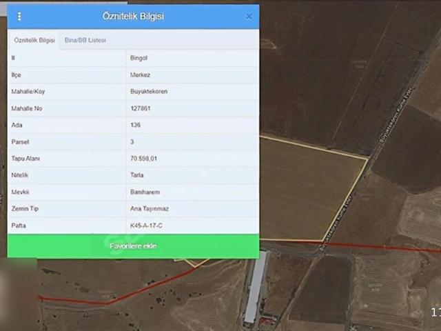 Bingöl Merkez Büyüktekören Köyü 70.598m2 Satılık Tarla