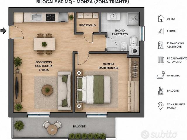 Bilocale con balcone a Monza Triante