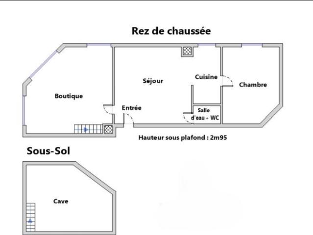Boutique, logement, cave 65 m2, usage mixte commerce et habitation