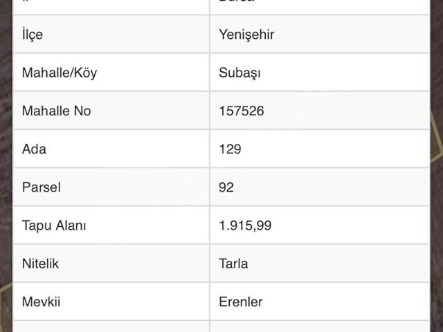 BURSA YENİŞEHİR SUBAŞI MH.1.915 m2 YATIRIMLIK FIRSAT TARLA