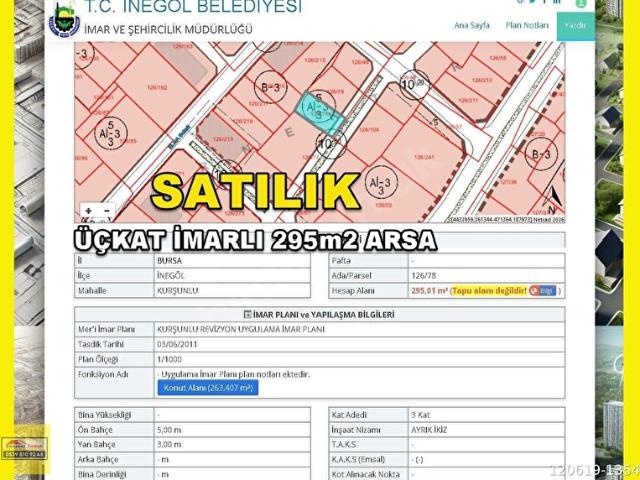 BURSA İNEGÖL KURŞUNLUDA ACİL SATILIK ÜÇKAT İMARLI 295m2 ARSA