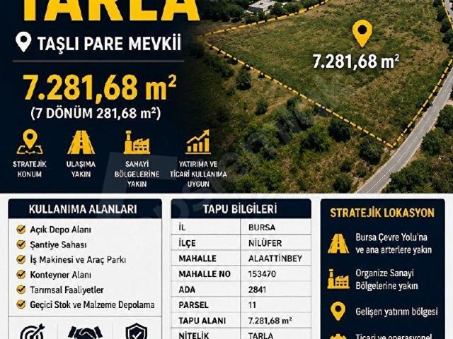 BURSA NİLÜFER ALAATTİNBEY'DE KİRALIK 7.281,68 m TARLA DEPOLAMA, ŞANTİYE VE TİCARİ KULLANIMA UY