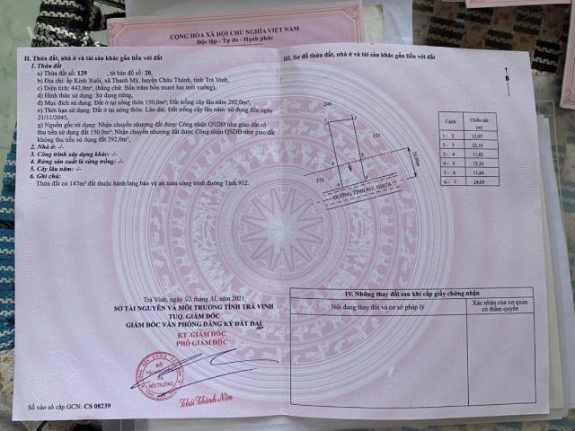 Cần bán gấp lô đất ấp kinh xuôi, xã thanh mỹ, huyện châu thành, tỉnh trà vinh