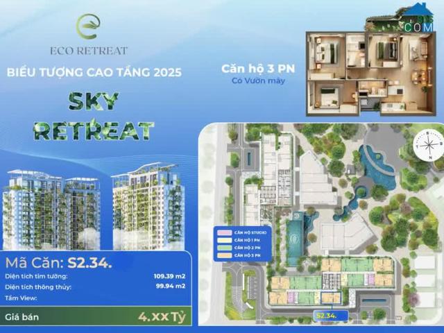 Căn hộ 3 phòng ngủ Eco Retreat giá gốc CĐT 4,3 tỷ gồm VAT+KPBT không chênh, có vườn mây 109m2