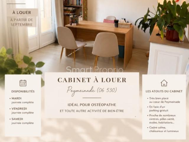 Cabinet professionnel clé en main à partager Centre de Peymeinade 395 € TTC/mois tout compris