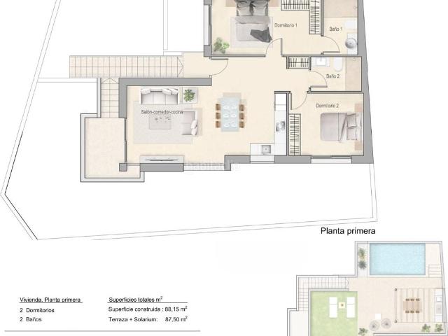 Casa en venta en Pilar de la Horadada, Pilar de la Horadada Ciudad. BUNGALOW PLANTA ALTA con PISCINA PRIVADA en PILAR DE LA HORADADAVIVIENDA Ref TN006ND88 m CONSTRUIDOS87 m SOLARIUMDOS DORMITORIOS.