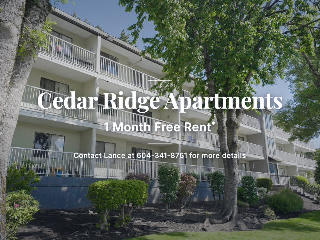 Cedar Ridge 1 Bedroom Apartment for Rent at 46095 Bole Ave, Chilliwack, BC V2P 2V9 Chilliwack Proper Village West