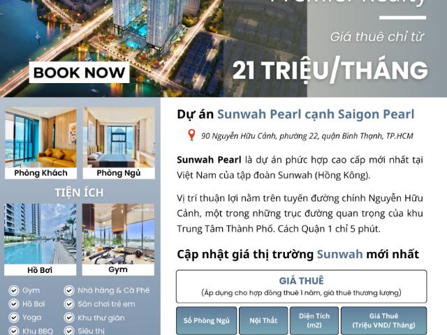 Cho thuê căn hộ Sunwah Pearl 2PN+1, tầng cao siêu hiếm, view sông cực đẹp, giá thuê hợp lý