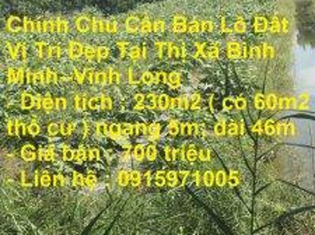 Chính Chủ Cần Bán Lô Đất Vị Trí Đẹp Tại Thị Xã Bình MinhVĩnh Long