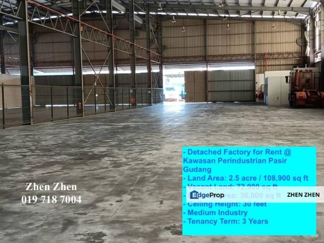 Detached Factory for Rent in Kawasan Perindustrian Pasir Gudang, Land Area 2.5 Acres, Height: 30 FT