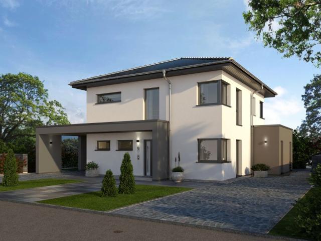 Die zweigeschossige Stadtvilla präsentiert sich als ein modernes Architektenhaus in KfW