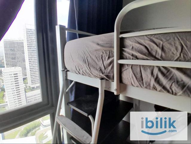 Double Decker Single Bed Upper part, study table bottom w/ stand fan, window and AC Partition Female unit