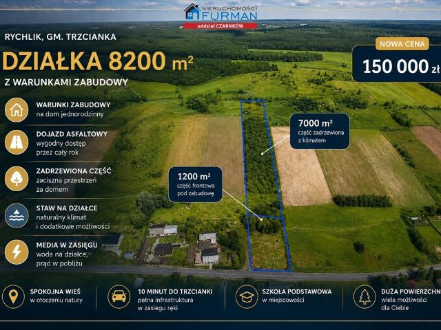 Duża działka z warunkami zabudowy i stawem w Rychliku