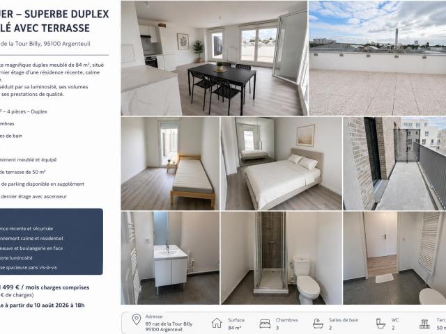 Duplex meublé 4P–84 m² +50m² de terrasse + balcon
