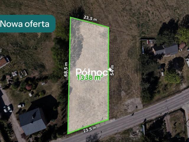 Działka budowlana 1338 m² z szerokością 23,5 m, MPZP, dojazd asfaltowy