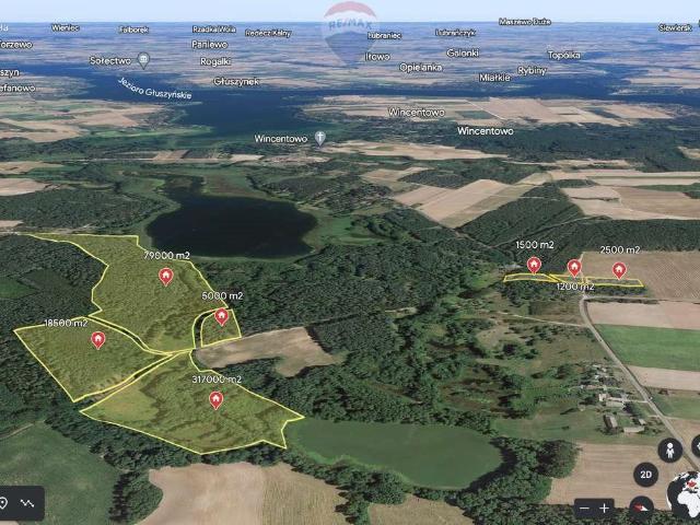 Działka rolna z linią brzegową 7,9 ha, jeziora, lasy