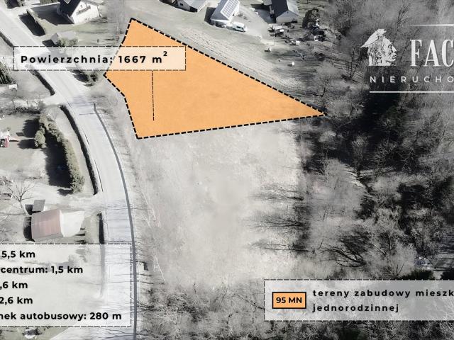 Działka 1667 m² pod zabudowę, trapez, asfalt, spokojna okolica