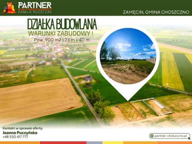 Działka 900 m², Zamęcin