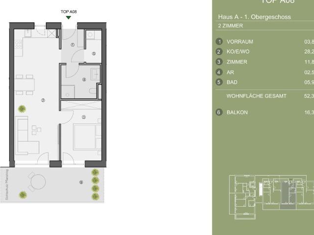 Exklusives Neubauprojekt im Grünen Süden von Graz. Top a08 2 Zimmer Obergeschosswohnung mit Großzügigem Balkon und Effizientem Raumkonzept