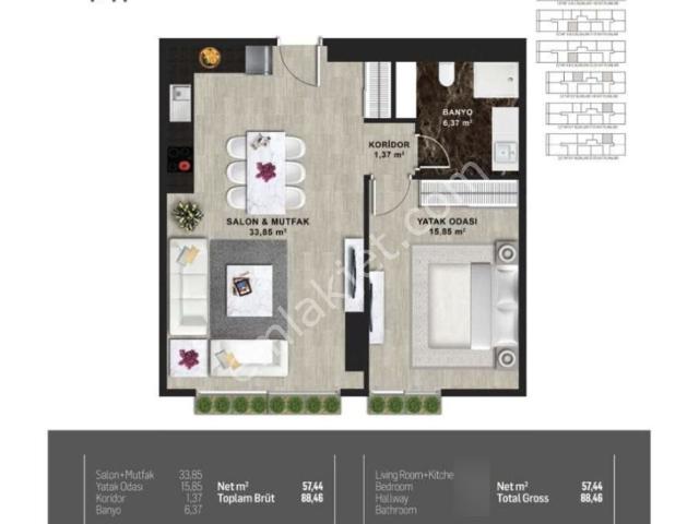 Fikirtepe Mina Towers 9. Kat Geniş I Tipi Net 58 M² 1+1 Daire