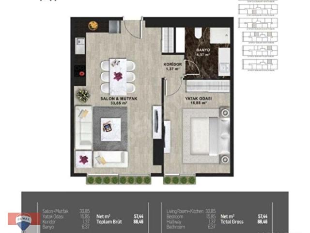Fikirtepe Mina Towers 9. Kat Geniş I Tipi Net 58 m 1+1 Daire